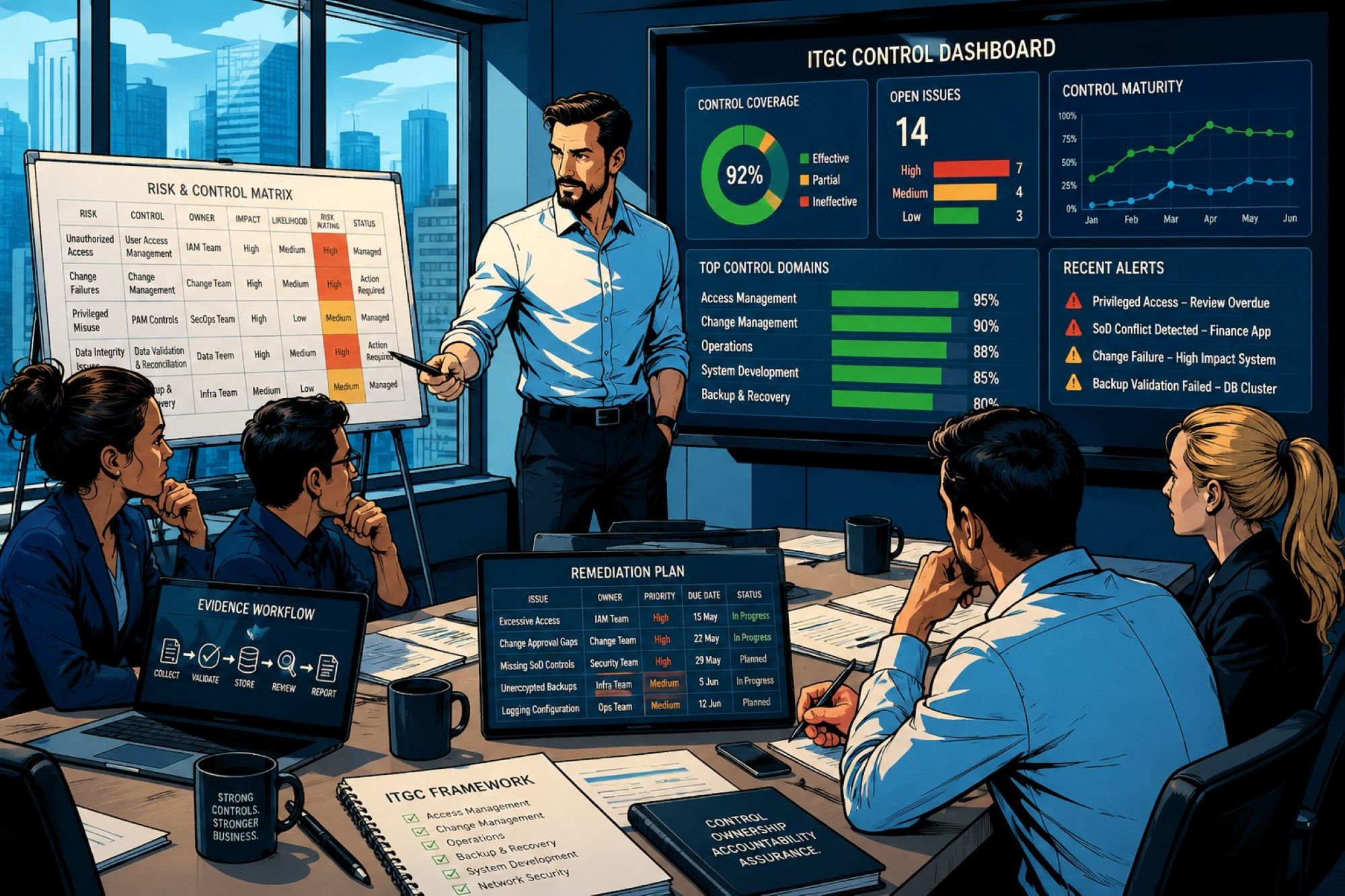 Technology risk and audit professionals reviewing control ownership and audit readiness dashboards.