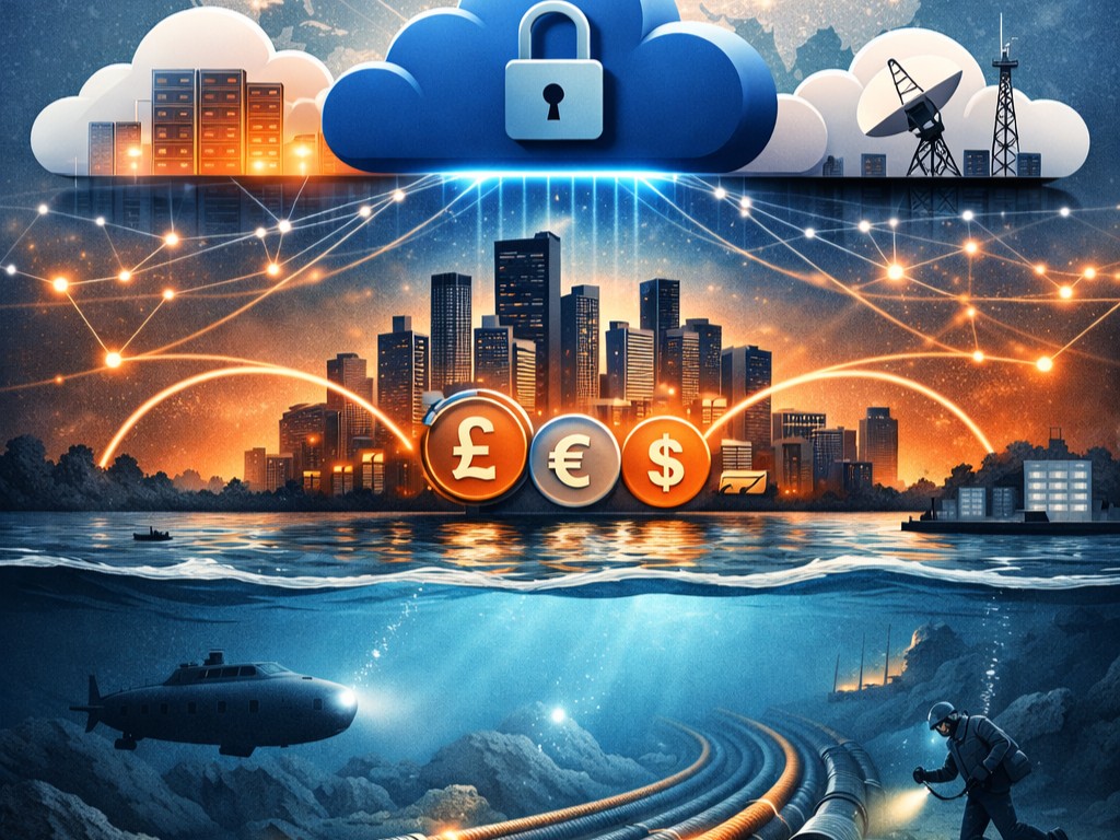 Abstract illustration of cloud infrastructure, undersea cables and digital dependency across financial services