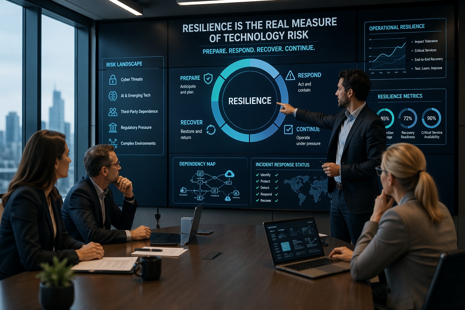 Executives and technology leaders reviewing resilience and technology risk dashboards in a modern office.